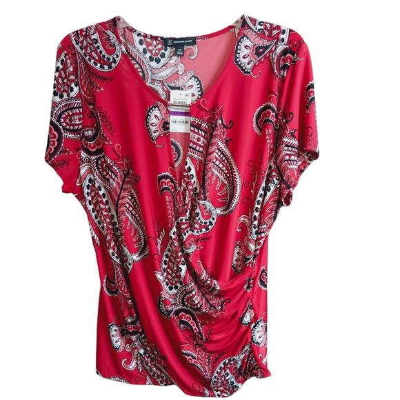 NEW INC Blouse Top Plus 2X Stretchy Faux Wrap Red V-Neck Career Office Dressy - Picture 4 of 9